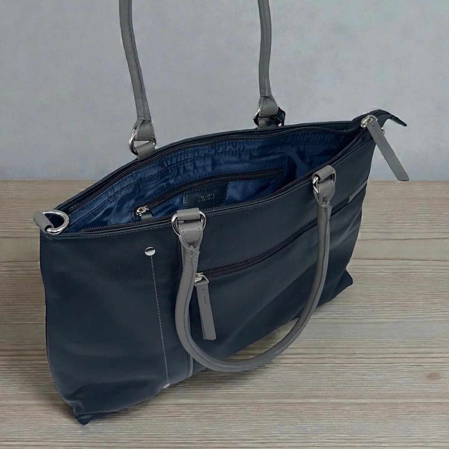 Leather Shopper Bag Navy & Grey Leather Box Leather