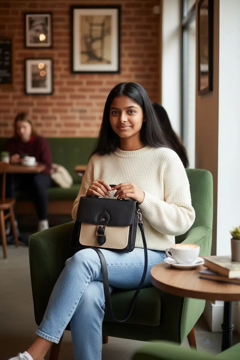 Leather Shoulder Bag Black & Taupe Box Leather