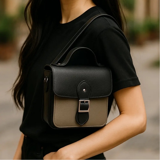 Leather Shoulder Bag Black & Taupe Box Leather