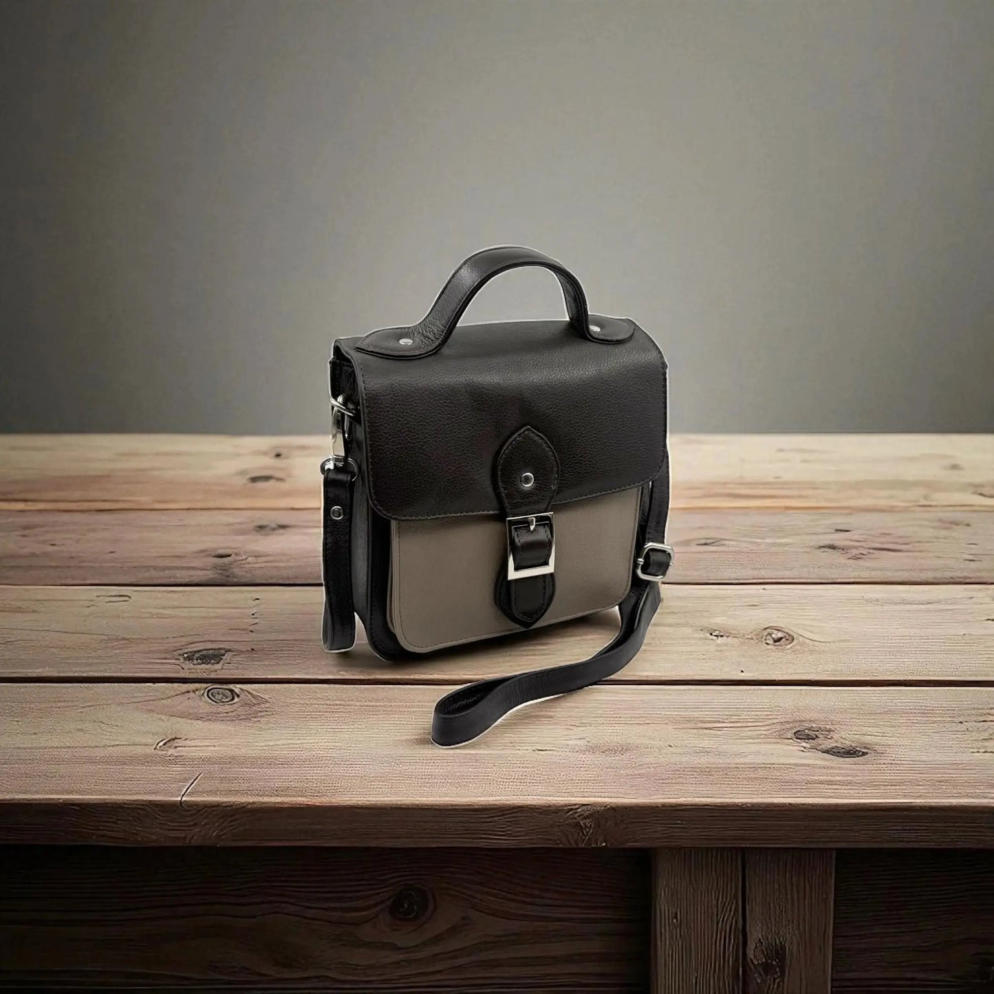 Leather Shoulder Bag Black & Taupe Box Leather