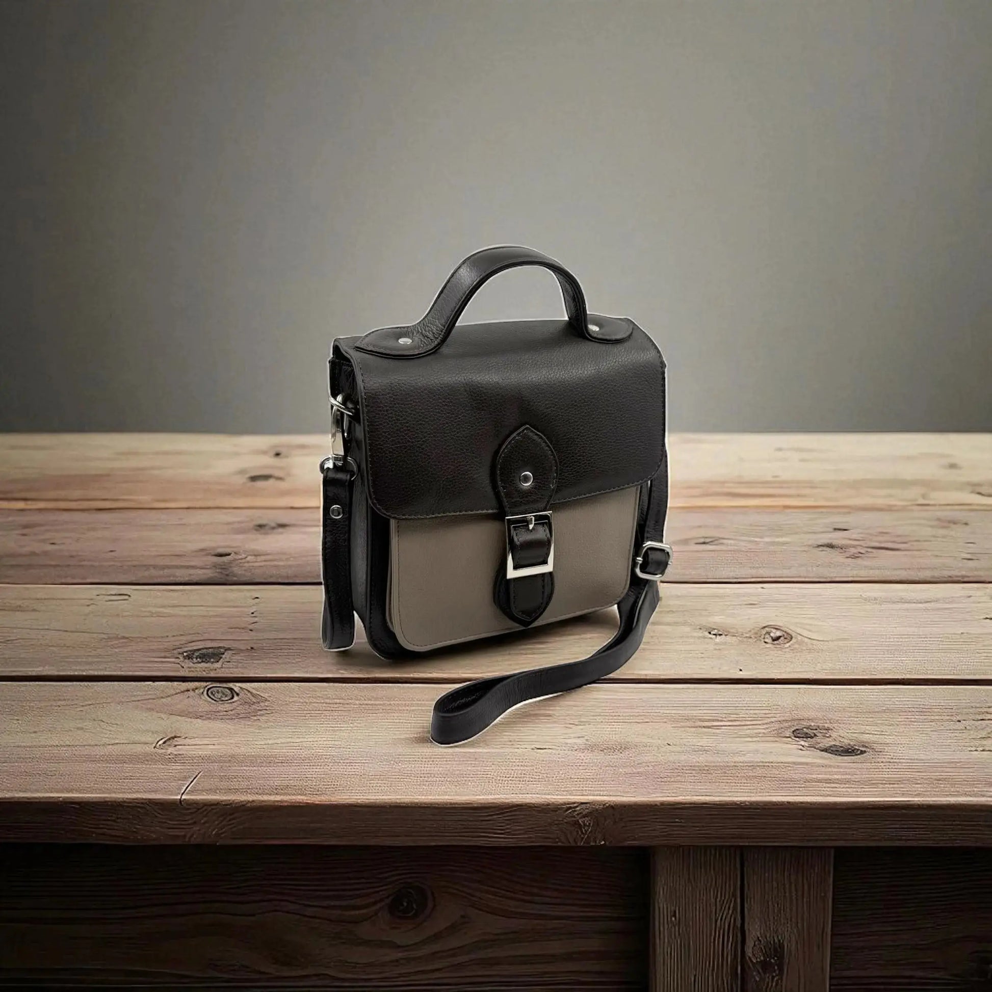 Leather Shoulder Bag Black & Taupe Box Leather