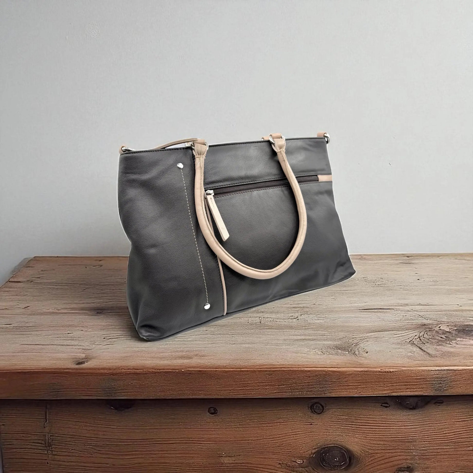 Leather Shopper Bag Brown & Taupe Leather Box Leather