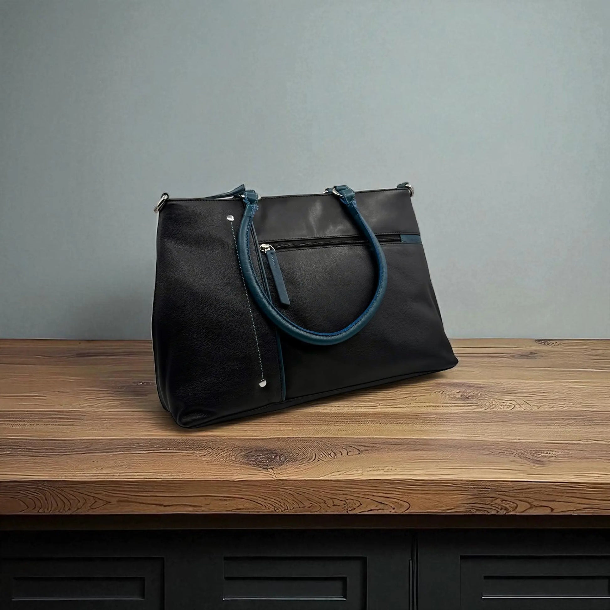 Leather Shopper Bag Black & Navy Leather Box Leather
