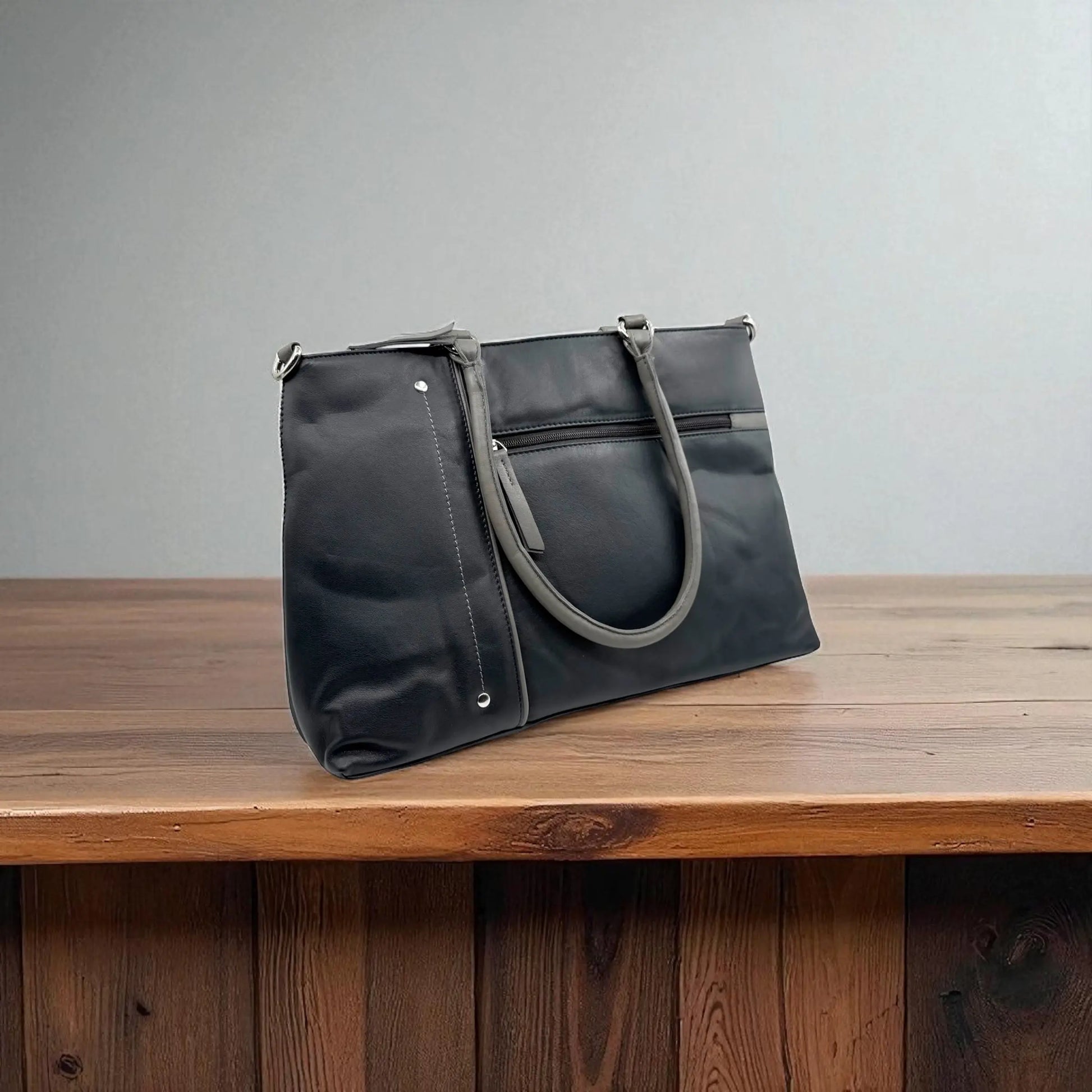 Leather Shopper Bag Navy & Grey Leather Box Leather