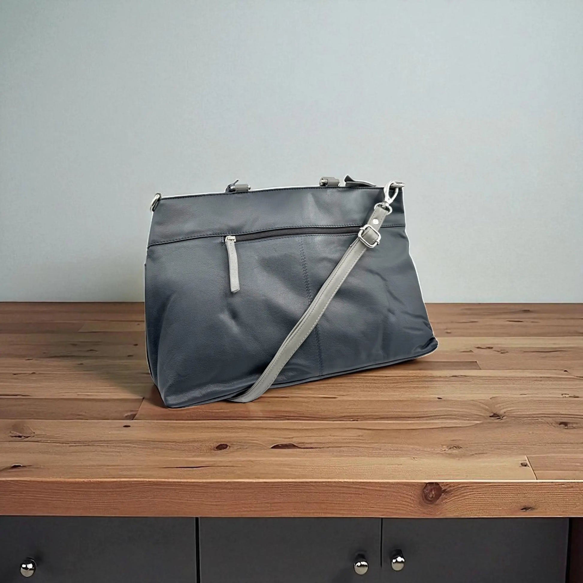 Leather Shopper Bag Navy & Grey Leather Box Leather