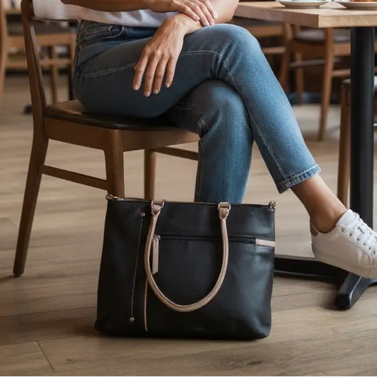 Leather Shopper Bag Navy & Grey Leather Box Leather