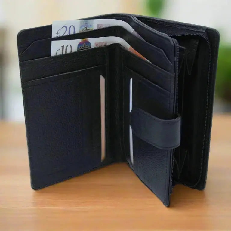 Large Tab Close Purse Wallet Bi-Fold Black Leather My Store