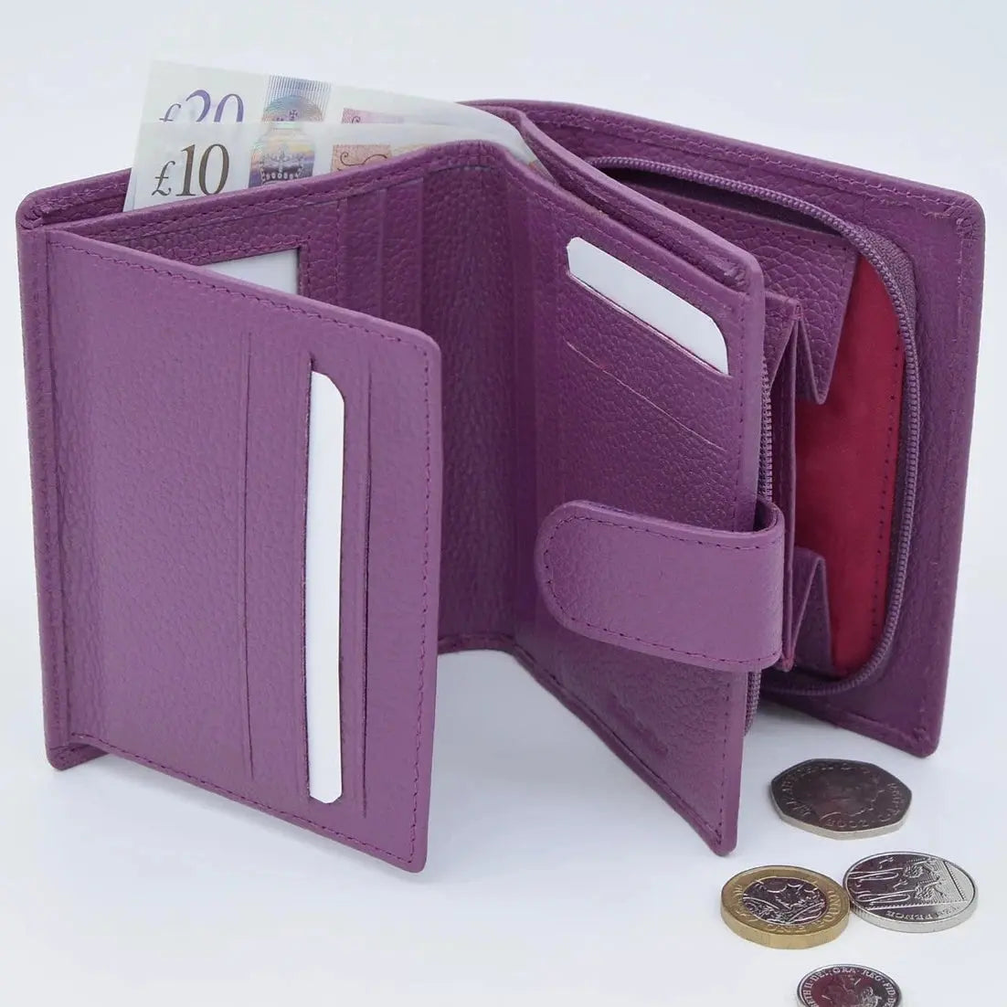Large Tab Close Purse Wallet Tri-Fold Purple Leather My Store