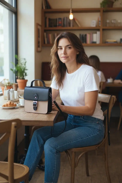 Leather Shoulder Bag Navy & Cream Box Leather