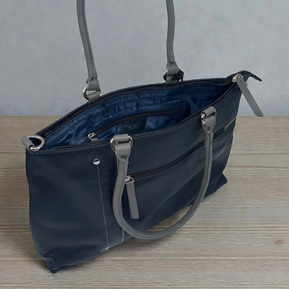 Leather Shopper Bag Navy & Grey Leather Box Leather