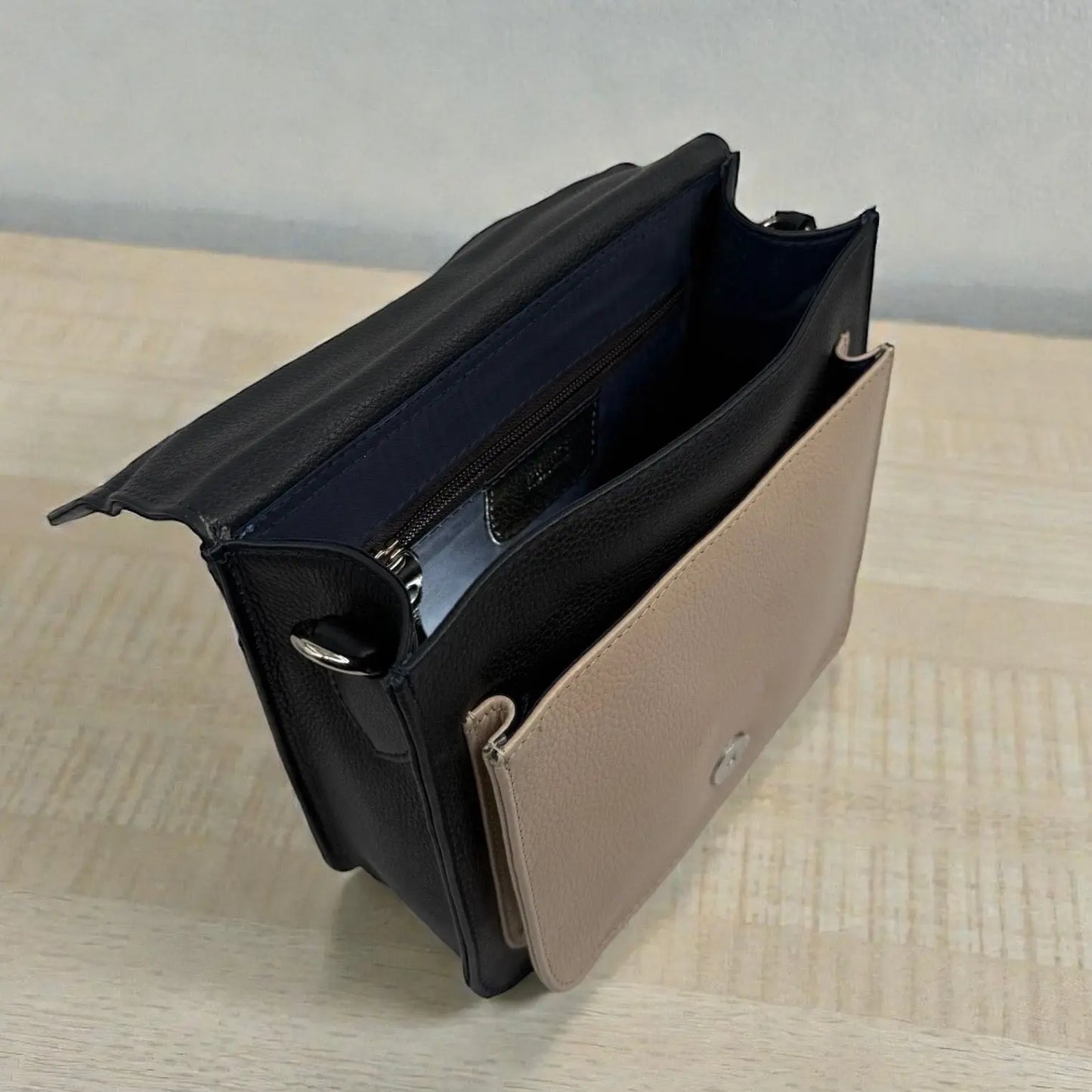 Leather Shoulder Bag Navy & Cream Box Leather