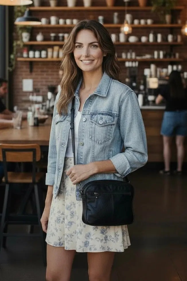 Leather Shoulder Bag Black Buff Leather Box Leather