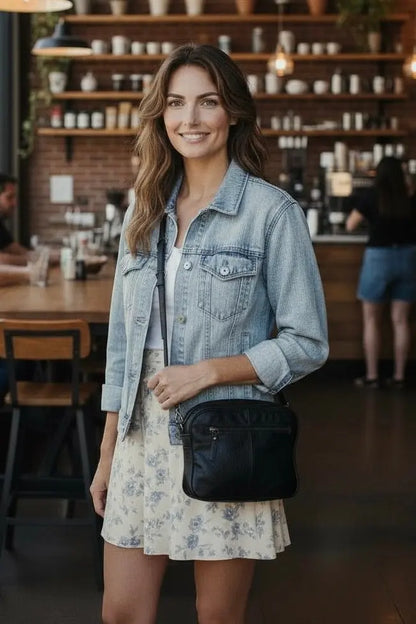 Leather Shoulder Bag Black Buff Leather Box Leather