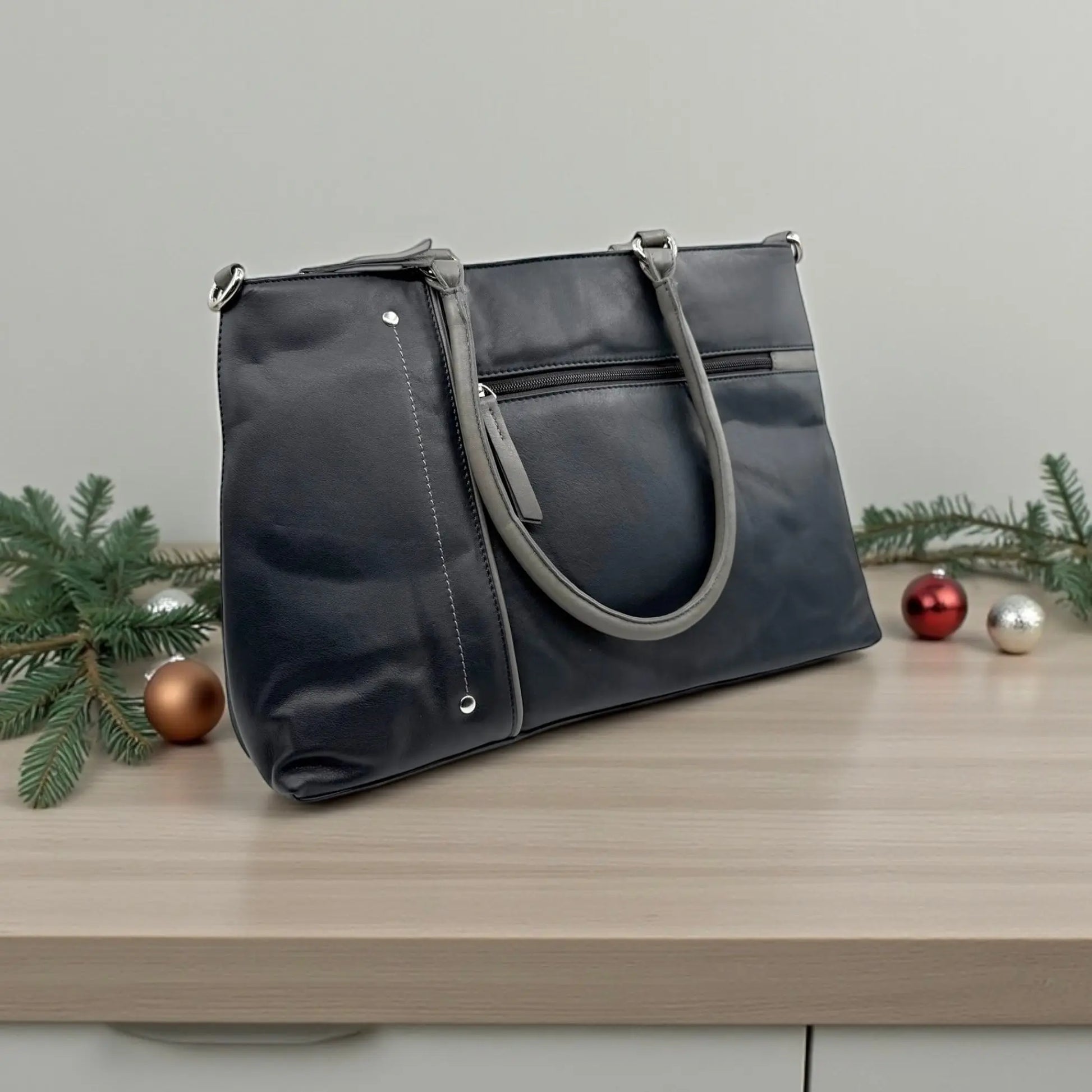Leather Shopper Bag Navy & Grey Leather Box Leather