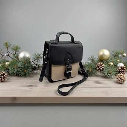 Leather Shoulder Bag Black & Taupe Box Leather