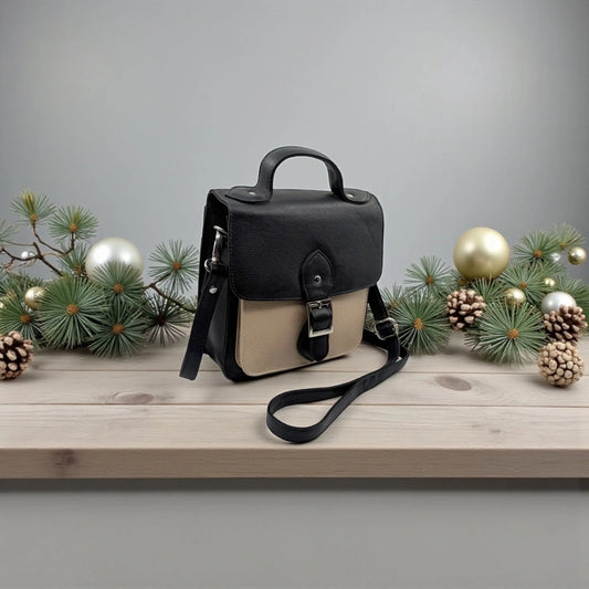 Leather Shoulder Bag Black & Taupe Box Leather