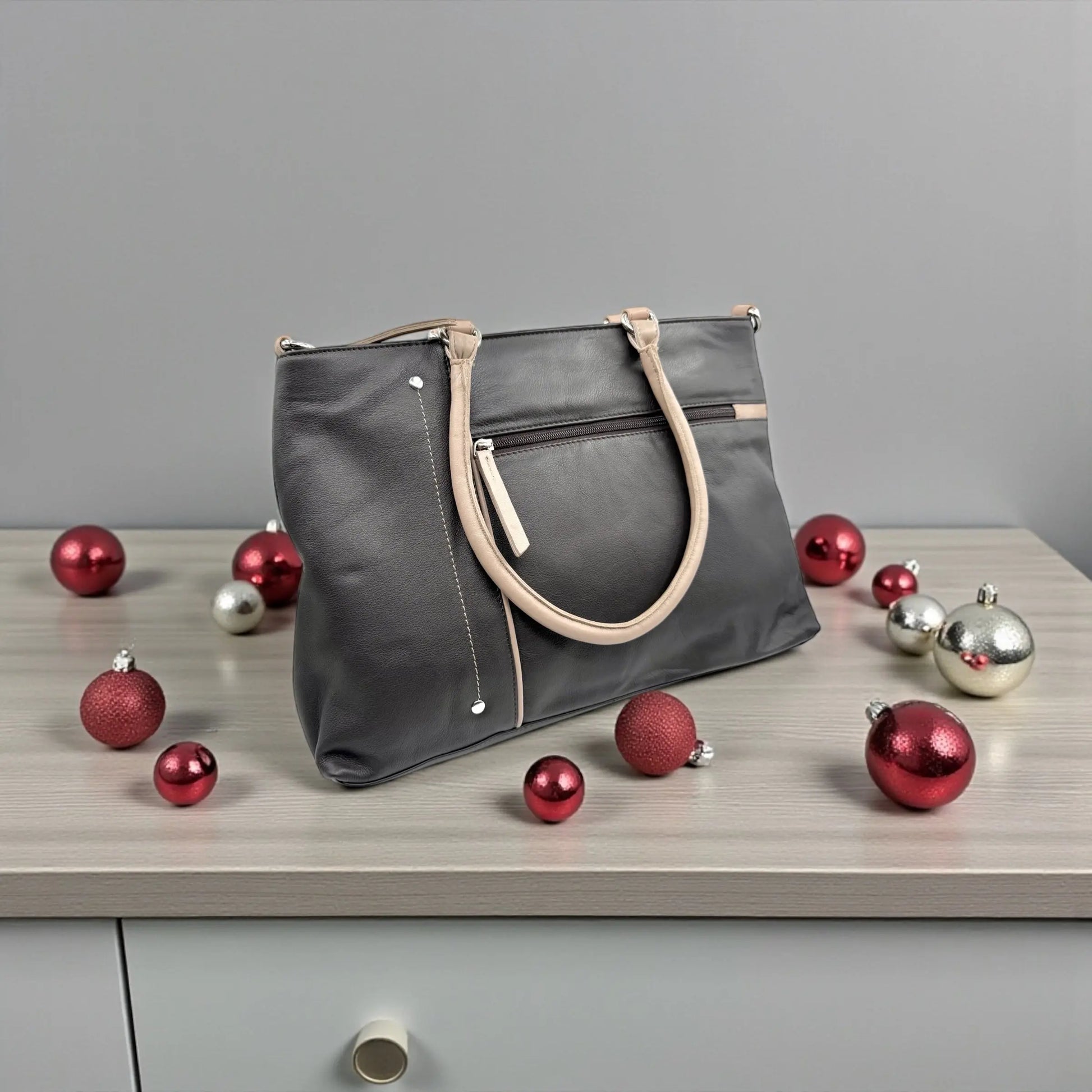 Leather Shopper Bag Brown & Taupe Leather Box Leather