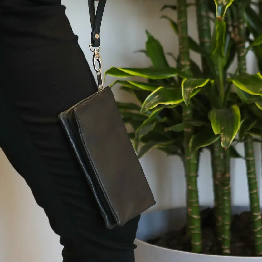 Crossover Purse with Hand Strap Black Leather My Store