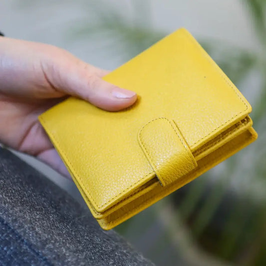Large Tab Close Purse Wallet Tri-Fold Mustard Leather My Store