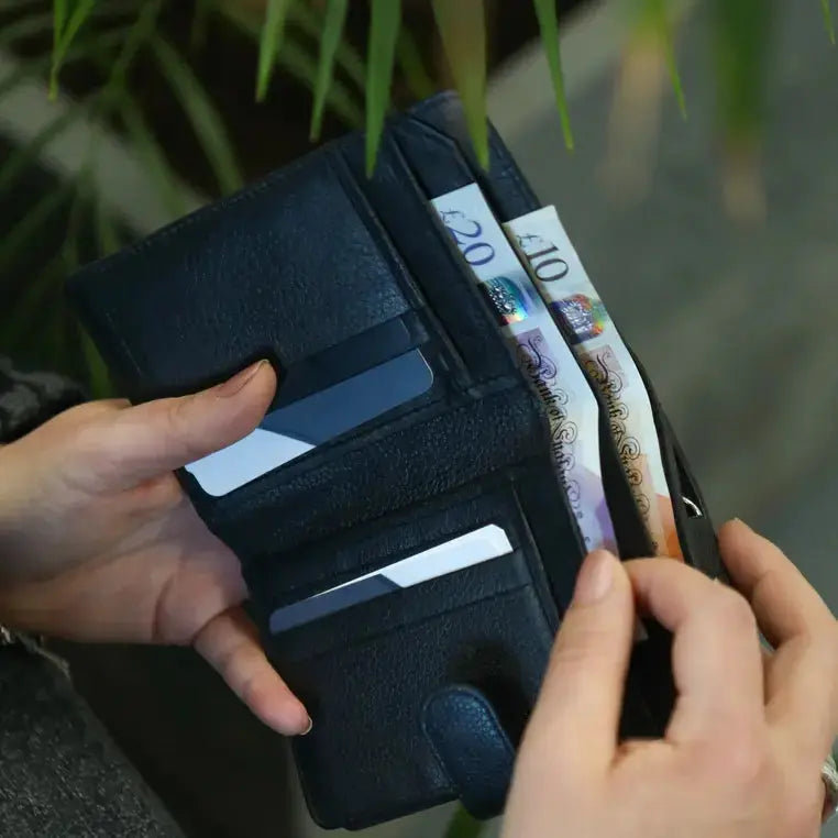 Large Tab Close Purse Wallet Bi-Fold Black Leather My Store