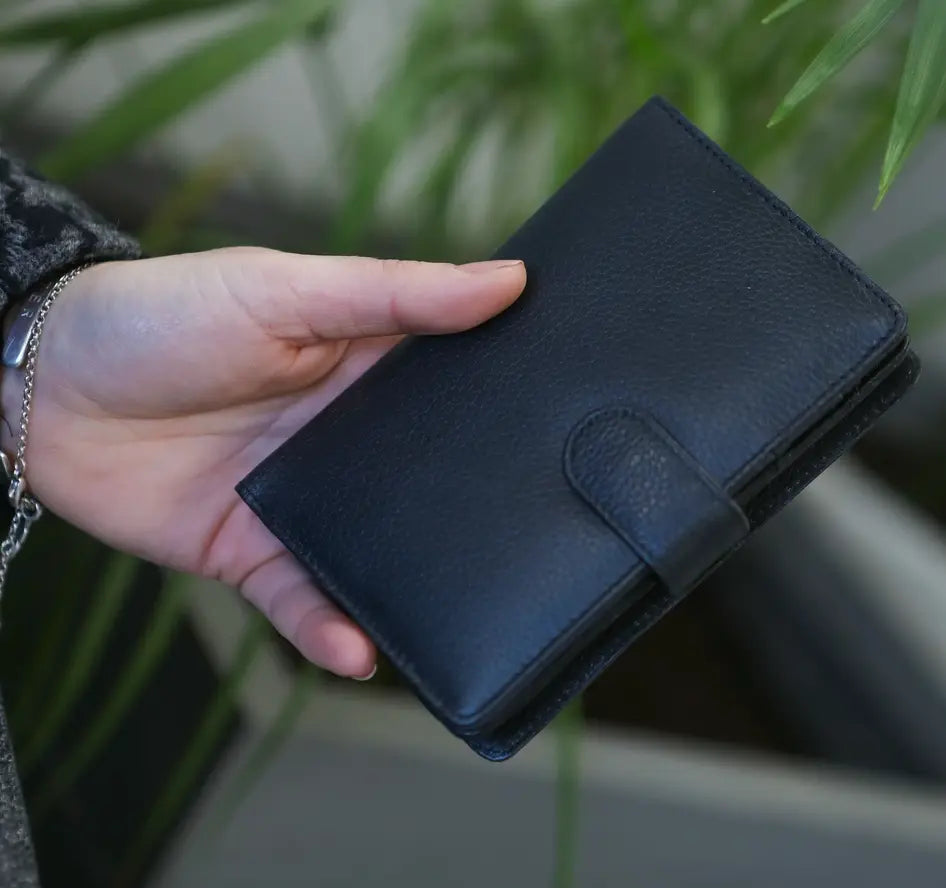 Large Tab Close Purse Wallet Bi-Fold Black Leather My Store