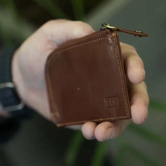Mini Zip Wallet Tan Leather - Box Leather